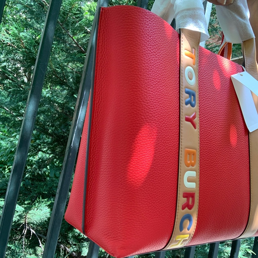 Authentic TORY BURCH LOGO stripe Leather Tote - Picture 9 of 16